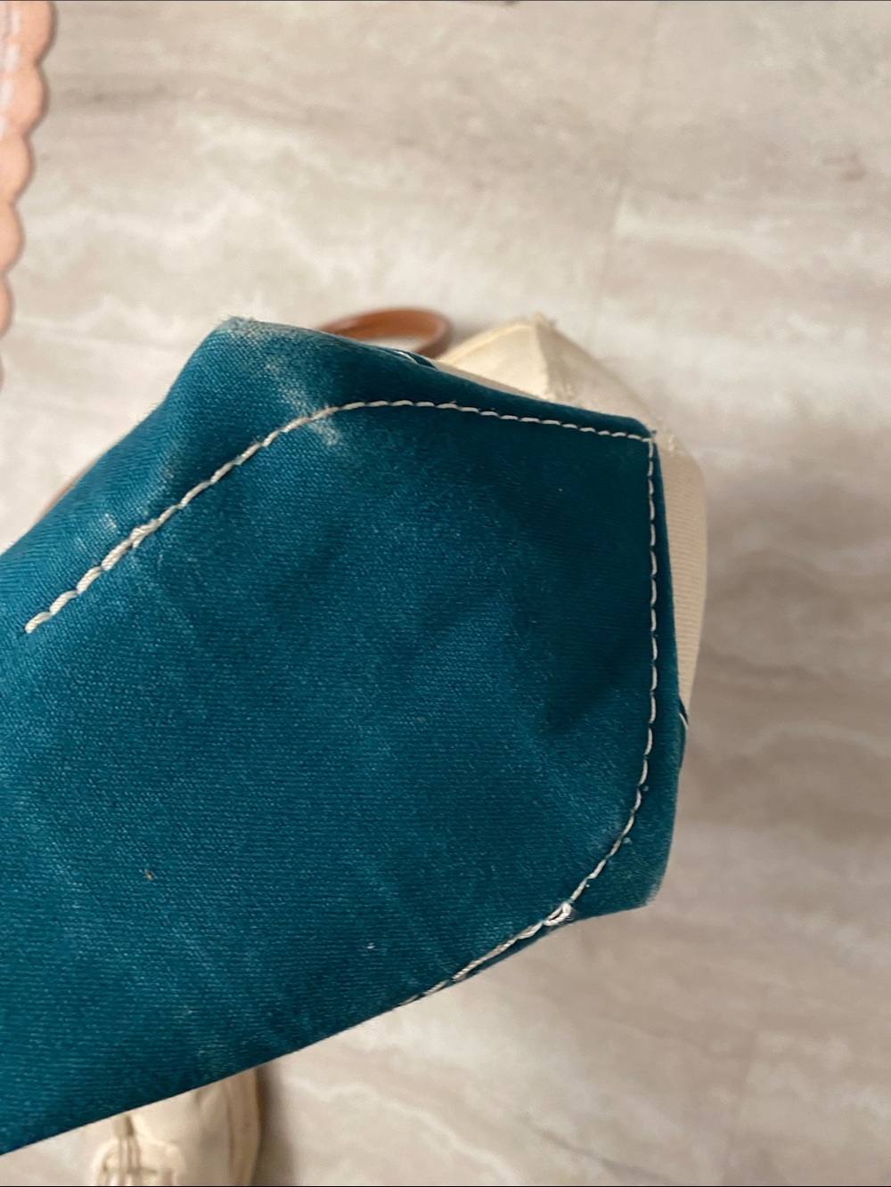 Vintage 90’sL.L. Bean Cream Canvas Mini Tote with Teal Trim & Leather Handles - Picture 6 of 8